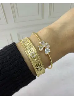 Pulsera de trebol  con circones  + Brazalete con hoja y flor con circones