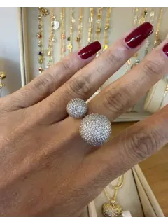 Anillo doble bola con circones - Plateado
