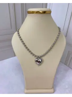 Collar - Dije de corazón de rodio - Cadena de balines. Serie #CO015