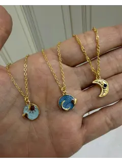 Collares de dije de luna con piedra negra + Redondo con luna y corazón, color azul