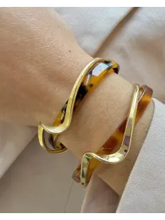 Pulseras metálicas dorada entrelazada con resina de estampado de leopardo