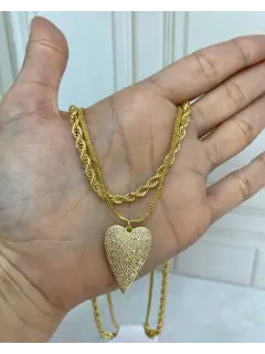 Collar doble con cordón san francisco - Dije de corazón grande. Serie #CO020