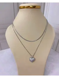 Collar doble - Con dije de corazón con circones. Serie #CO08