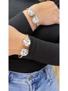 Brazalete abierto con piedra brillante - Dorado y plateado