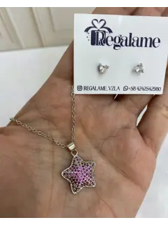 Dije de estrella morada - Set de collar y zarcillo. Rodio