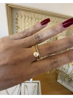 Anillo  doble banda con perla y circones - Dorado